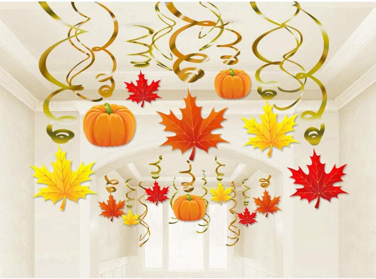 36-Pack Autumn Thanksgiving Hanging Swirl Decorations – Pumpkins & Maple Leaves (Yellow)